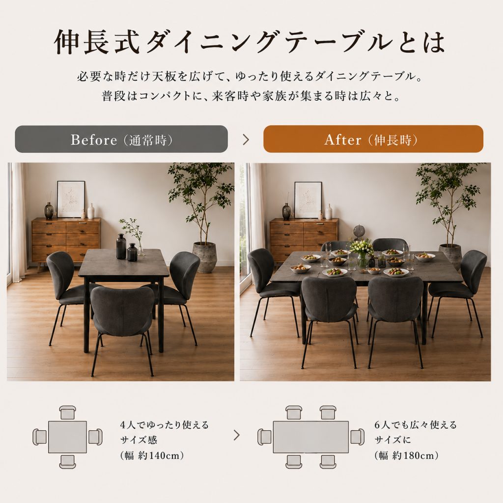 伸長式ダイニングテーブルのメリットとは？来客時にも便利なおすすめ