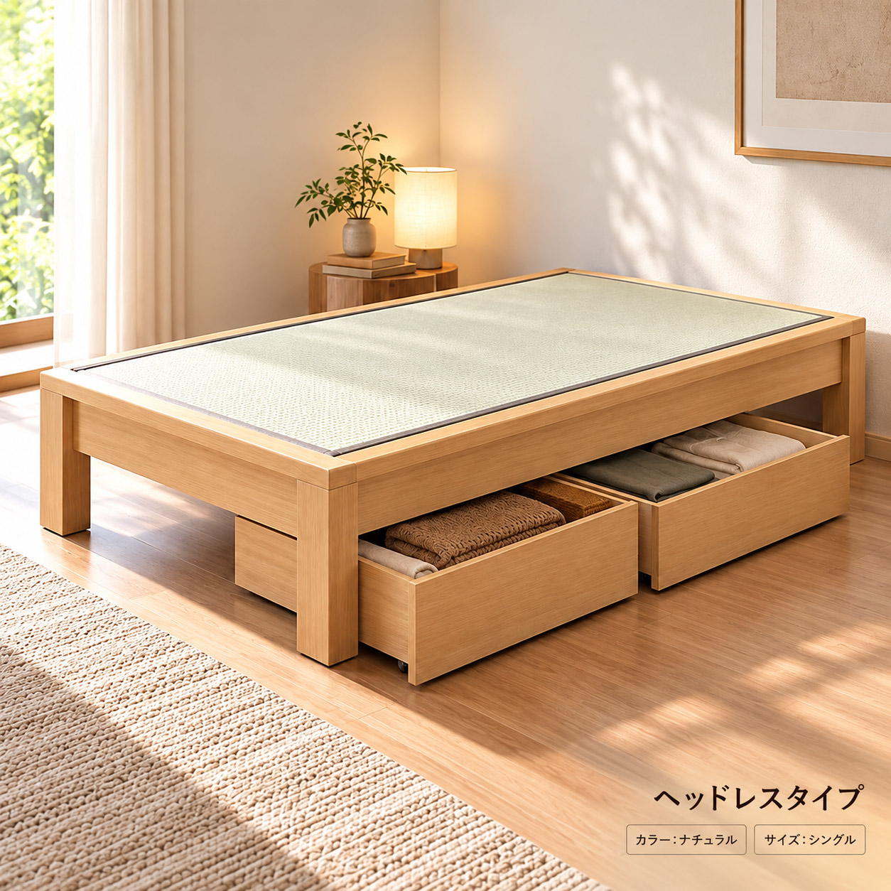 ベッド下に、別売りの引き出しが設置可能です。※写真はヘッドレスタイプのナチュラルです。