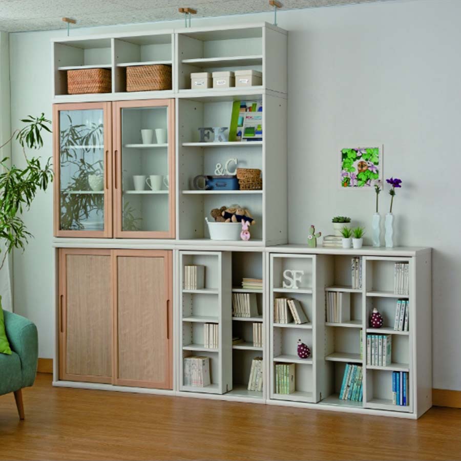 書棚／NOF−90引戸ウッディホワイト＋チェリーナチュラル、NOF−90開戸ウッディホワイト＋チェリーナチュラル、NOF−60スライドオープンウッディホワイト、NOF−60オープンウッディホワイト、NOF−90スライドオープンウッディホワイト、NOF−90特注上置ウッディホワイト（H402mm）、NOF−60特注上置ウッディホワイト（H402mm）