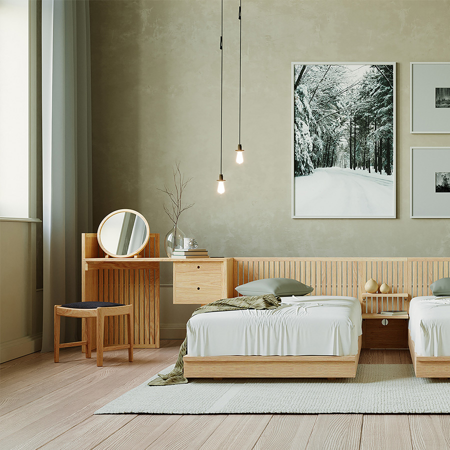 ベッドフレームと連続性のあるデザインで、寝室を美しく演出