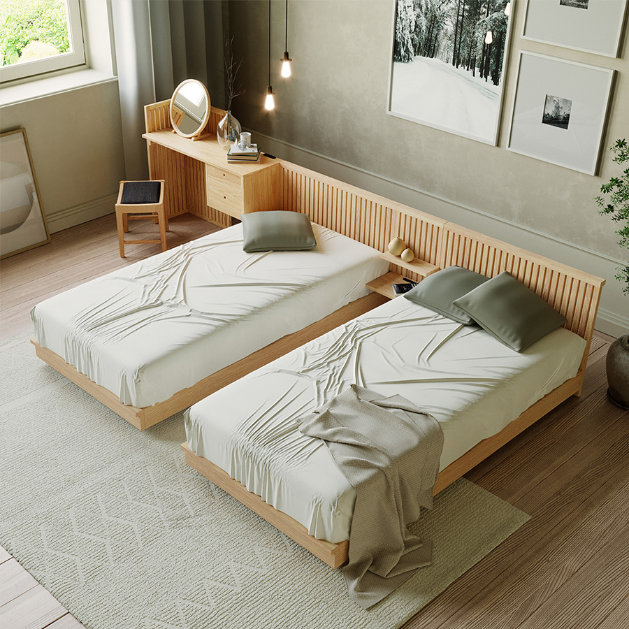 ベッド横に寄せて配置できる仕様で、空間にすっきり馴染みます