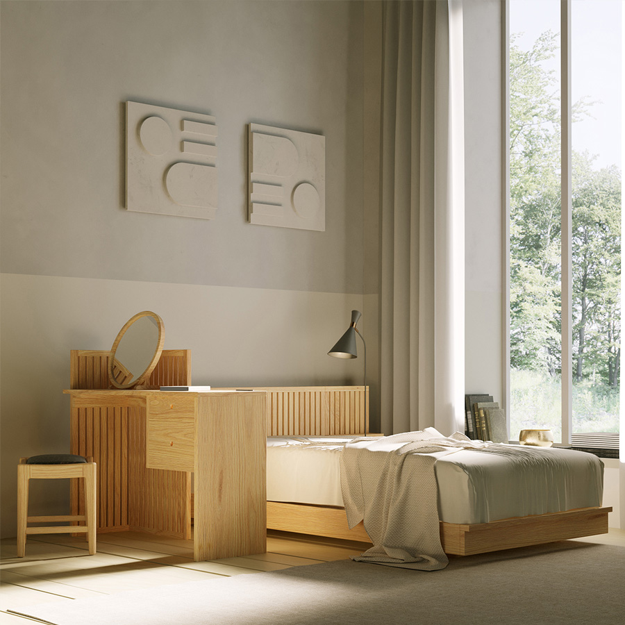 木の質感が持つ存在感と、格子柄の抜け感がバランスよく共存